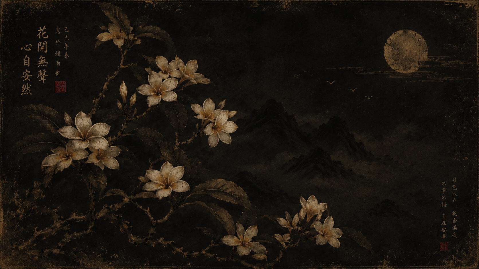A dark botanical illustration of frangipani branches beneath a moon